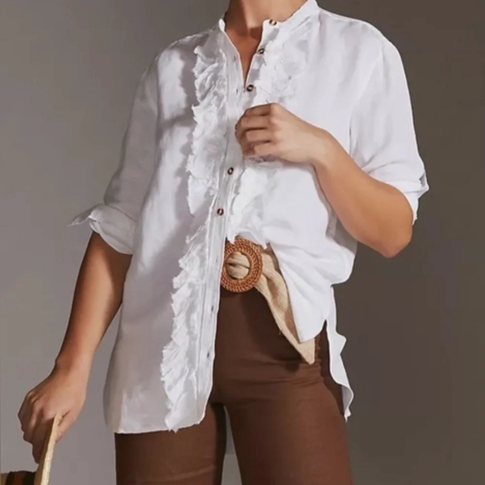 Pilcro Ruffled Button Down Top Shirt Women’s White Linen Blend Romantic - Picture 1 of 4